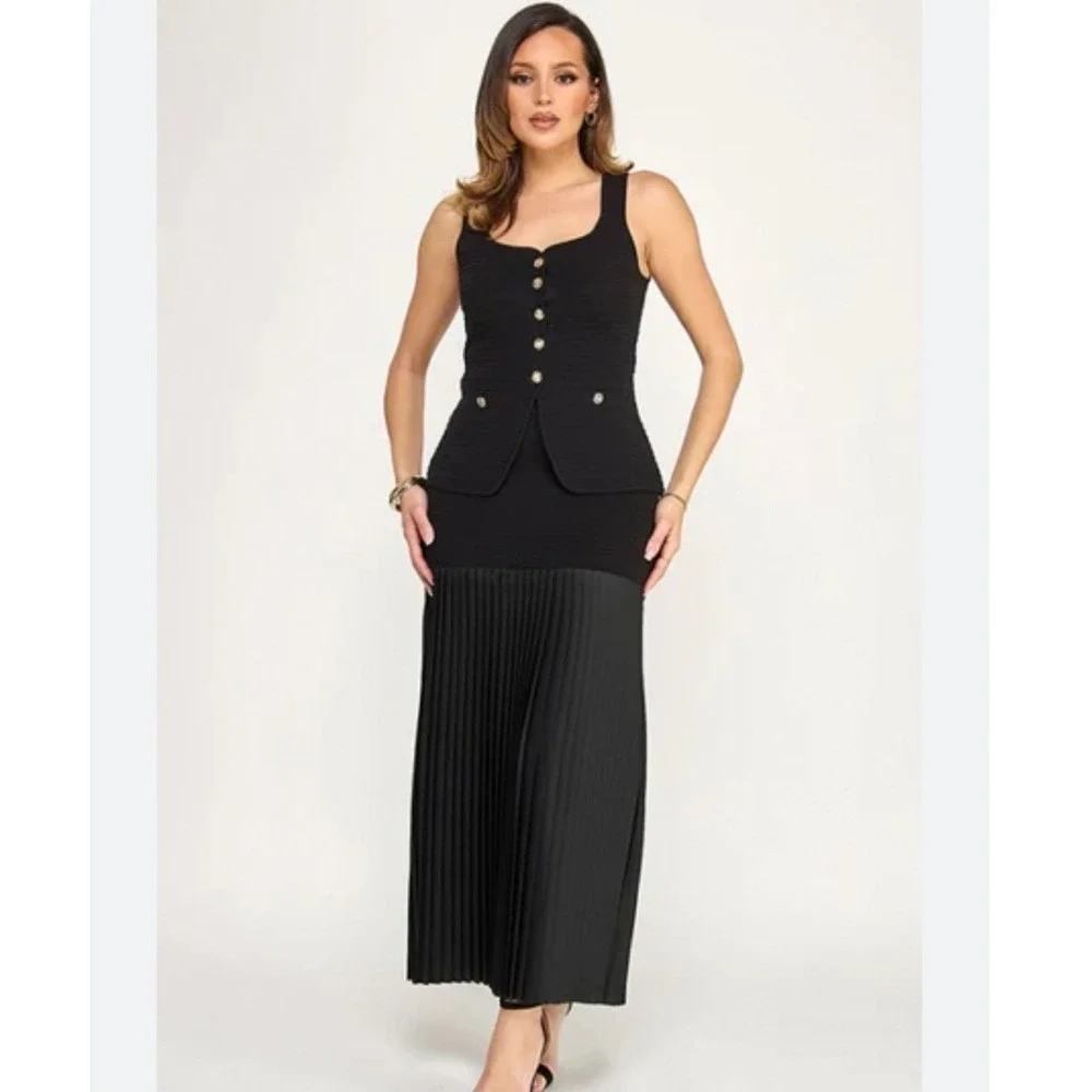 Blithe LA Black Knit Vest and Pleated Maxi Skirt 2 Piece Set Gold Buttons Large